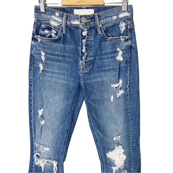 Mother Superior The Mid Rise Fly Cut Dazzler Ankle Distressed Straight Leg Jeans